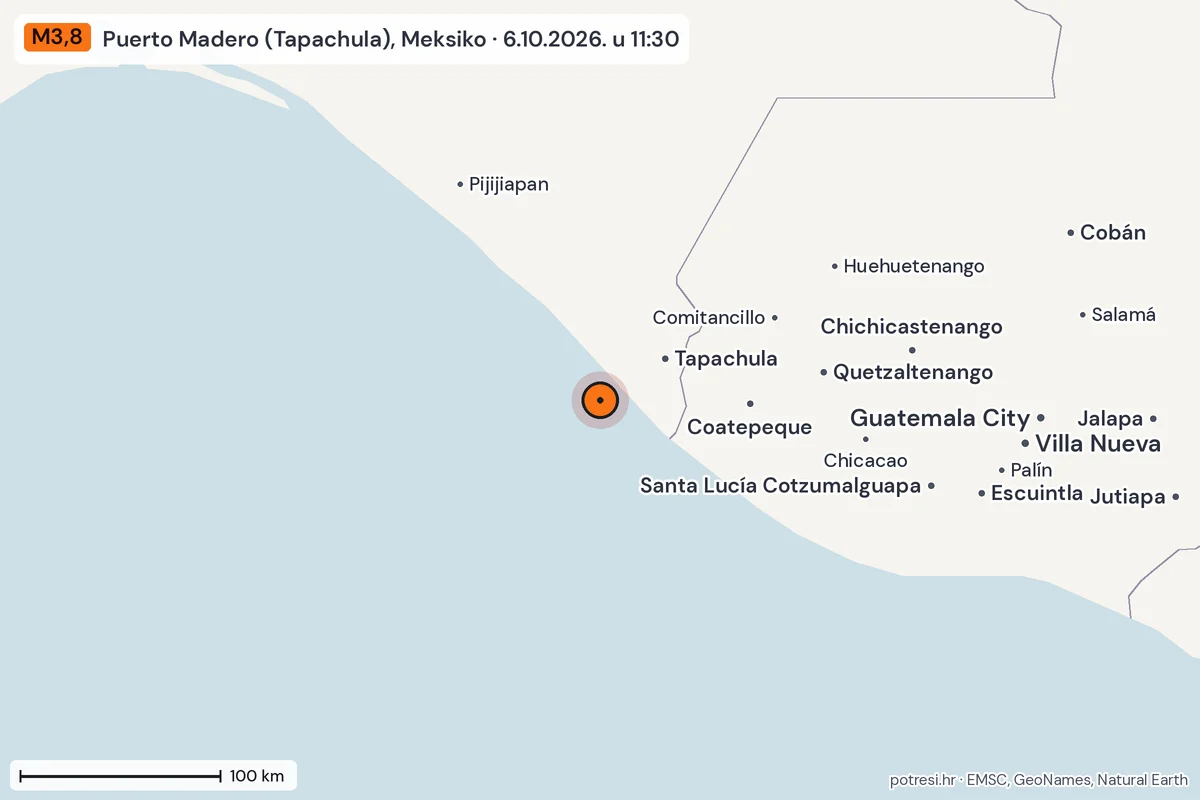 Karta: šire područje, 600 km, potres M3,8, Puerto Madero (Tapachula), Meksiko, 6.10.2026.