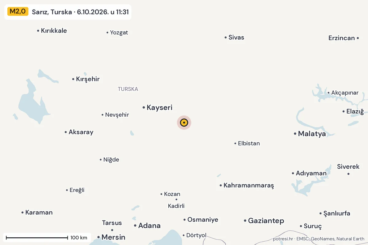 Karta: šire područje, 600 km, potres M2,0, Sarız, Turska, 6.10.2026.