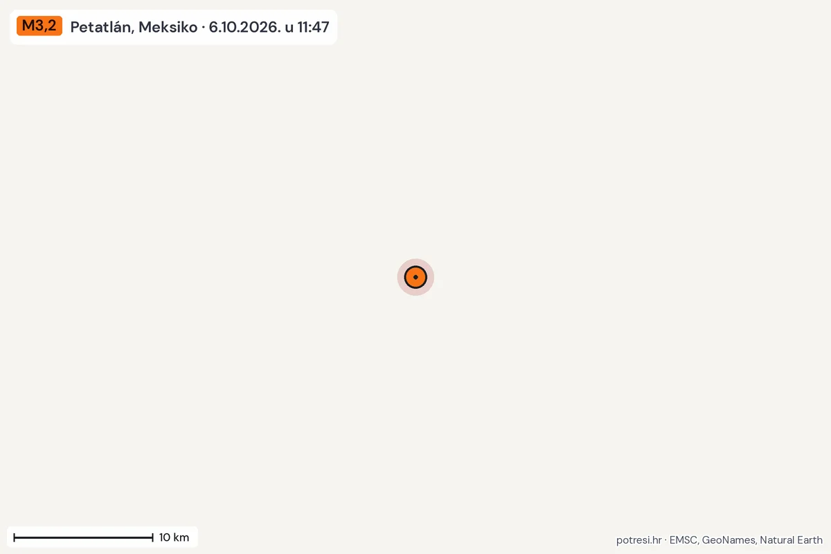 Karta: okolica epicentra, 60 km, potres M3,2, Petatlán, Meksiko, 6.10.2026.