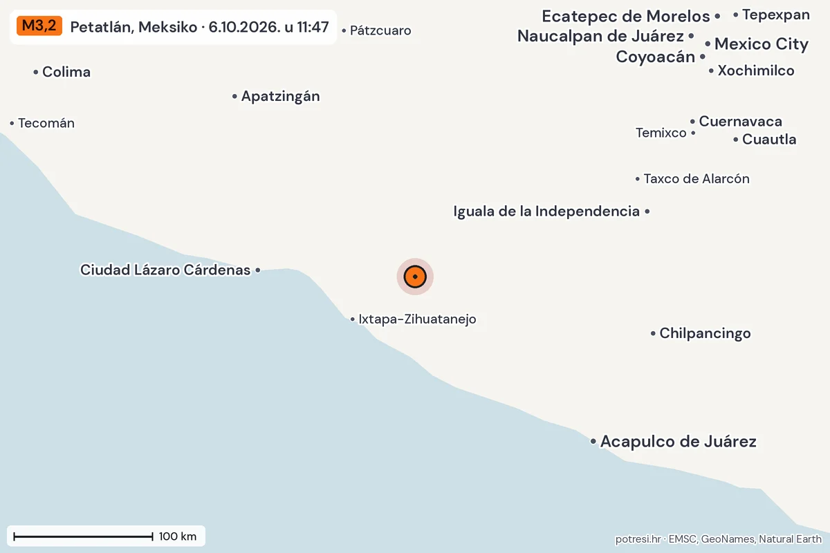 Karta: šire područje, 600 km, potres M3,2, Petatlán, Meksiko, 6.10.2026.