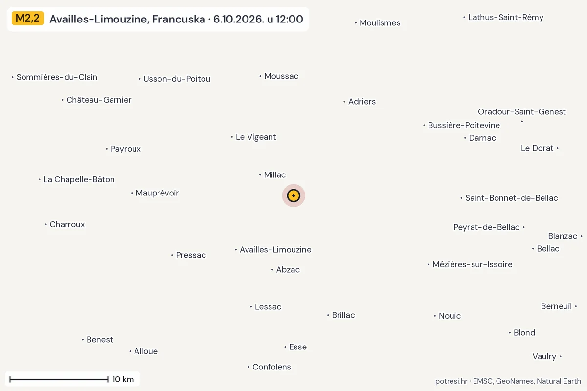 Karta: okolica epicentra, 60 km, potres M2,2, Availles-Limouzine, Francuska, 6.10.2026.