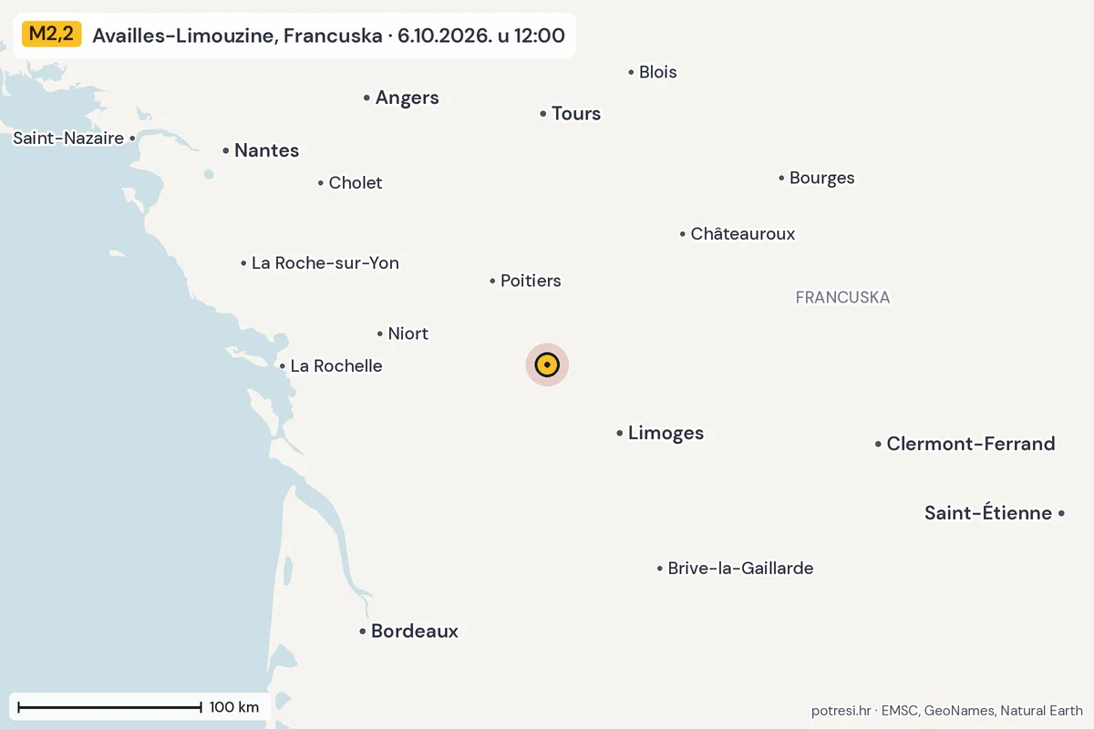 Karta: šire područje, 600 km, potres M2,2, Availles-Limouzine, Francuska, 6.10.2026.