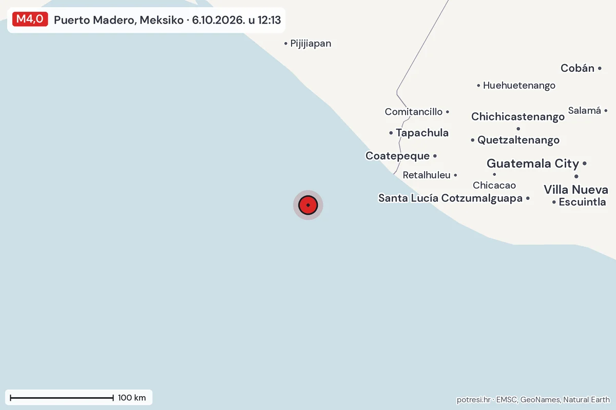 Karta: šire područje, 600 km, potres M4,0, Puerto Madero, Meksiko, 6.10.2026.