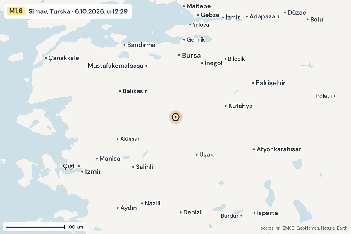 Karta: šire područje, 600 km, potres M1,6, Simav, Turska, 6.10.2026.