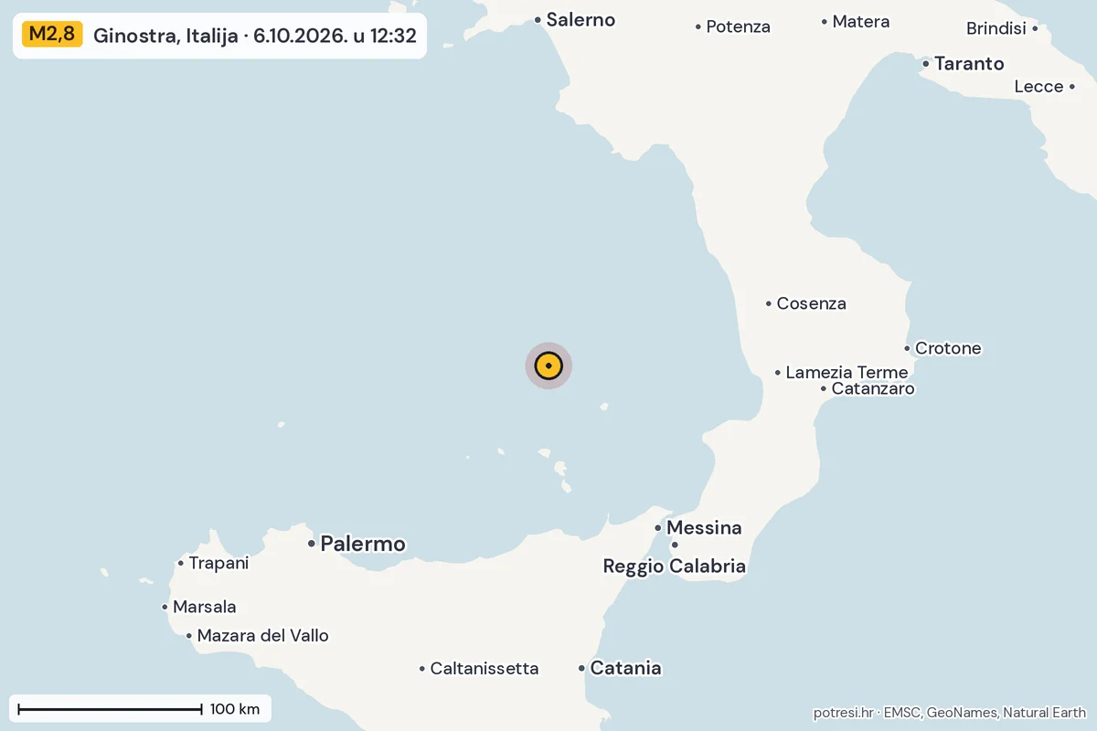 Karta: šire područje, 600 km, potres M2,8, Ginostra, Italija, 6.10.2026.
