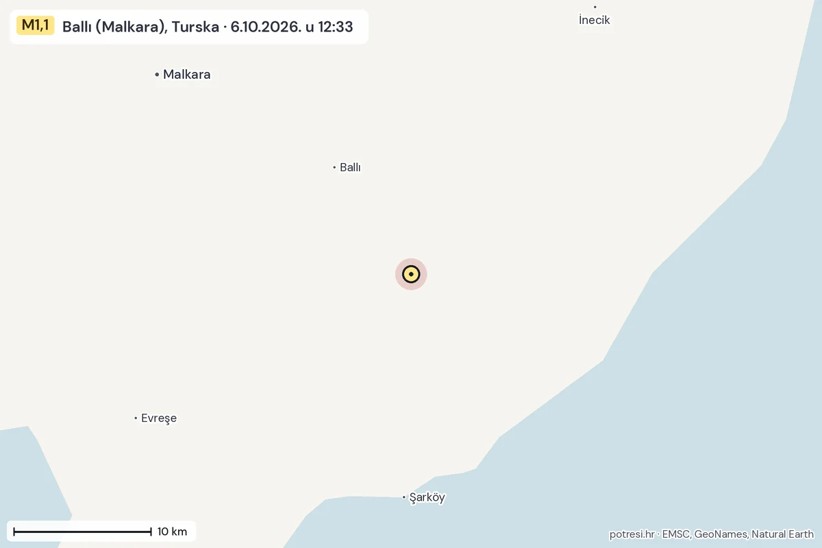 Karta: okolica epicentra, 60 km, potres M1,1, Ballı (Malkara), Turska, 6.10.2026.