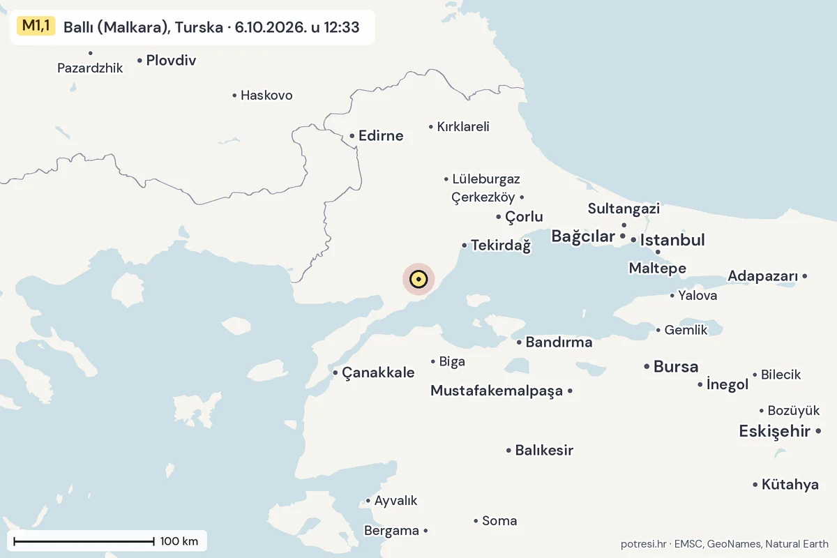 Karta: šire područje, 600 km, potres M1,1, Ballı (Malkara), Turska, 6.10.2026.