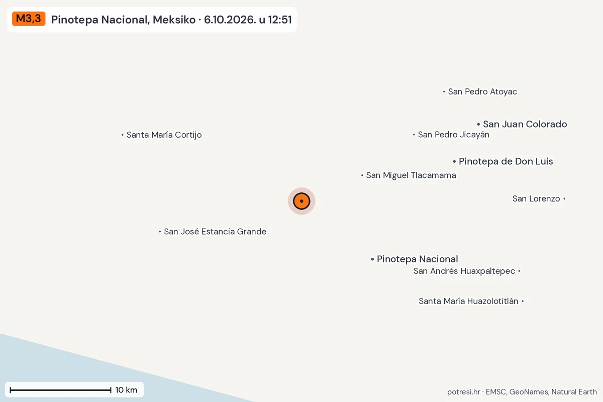 Karta: okolica epicentra, 60 km, potres M3,3, Pinotepa Nacional, Meksiko, 6.10.2026.