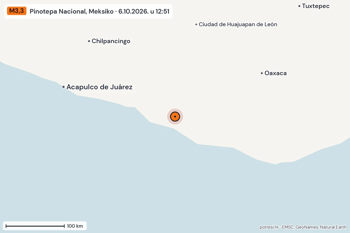 Karta: šire područje, 600 km, potres M3,3, Pinotepa Nacional, Meksiko, 6.10.2026.