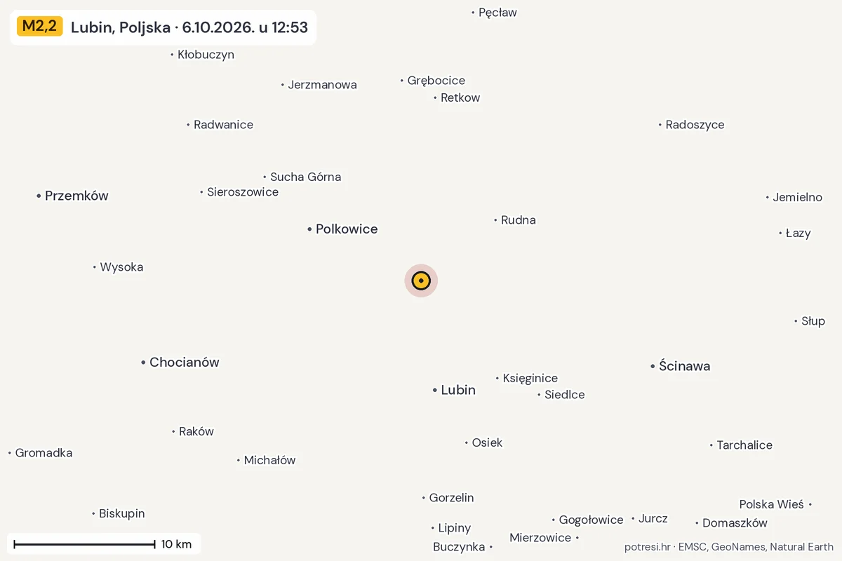 Karta: okolica epicentra, 60 km, potres M2,2, Lubin, Poljska, 6.10.2026.