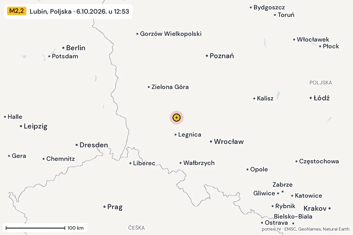 Karta: šire područje, 600 km, potres M2,2, Lubin, Poljska, 6.10.2026.