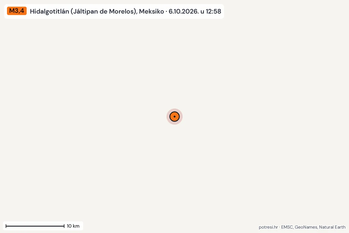Karta: okolica epicentra, 60 km, potres M3,4, Hidalgotitlán (Jáltipan de Morelos), Meksiko, 6.10.2026.