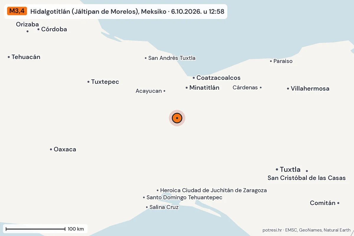 Karta: šire područje, 600 km, potres M3,4, Hidalgotitlán (Jáltipan de Morelos), Meksiko, 6.10.2026.