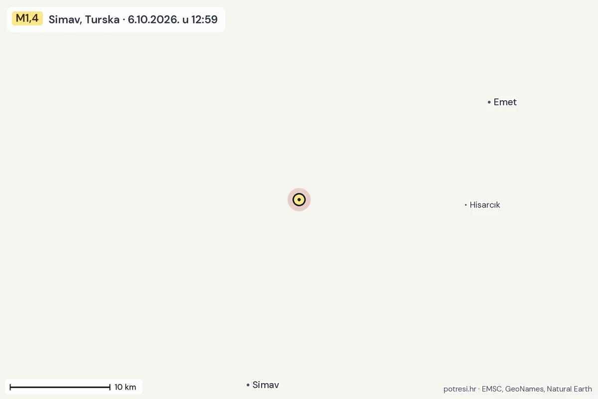 Karta: okolica epicentra, 60 km, potres M1,4, Simav, Turska, 6.10.2026.