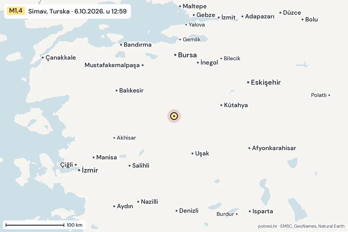 Karta: šire područje, 600 km, potres M1,4, Simav, Turska, 6.10.2026.