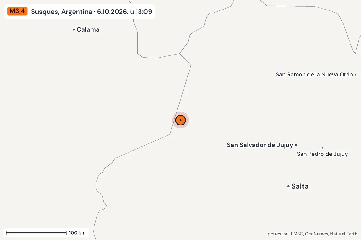 Karta: šire područje, 600 km, potres M3,4, Susques, Argentina, 6.10.2026.