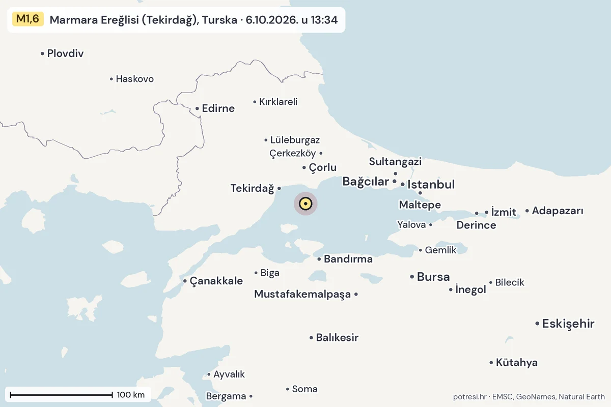 Karta: šire područje, 600 km, potres M1,6, Marmara Ereğlisi (Tekirdağ), Turska, 6.10.2026.