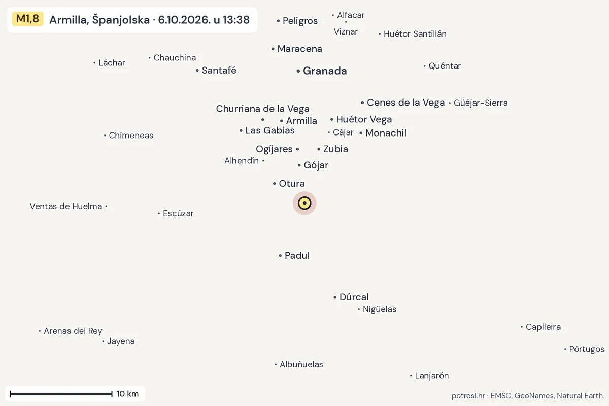 Karta: okolica epicentra, 60 km, potres M1,8, Armilla, Španjolska, 6.10.2026.