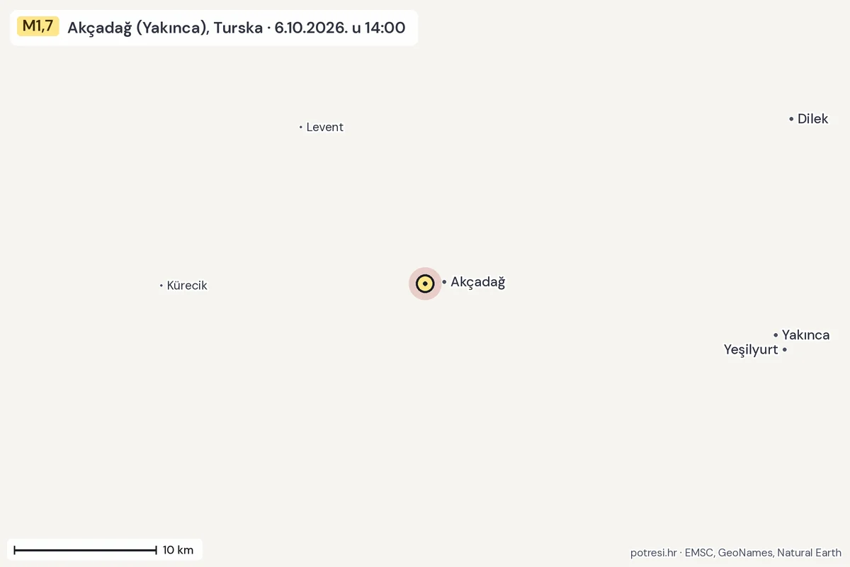 Karta: okolica epicentra, 60 km, potres M1,7, Akçadağ (Yakınca), Turska, 6.10.2026.