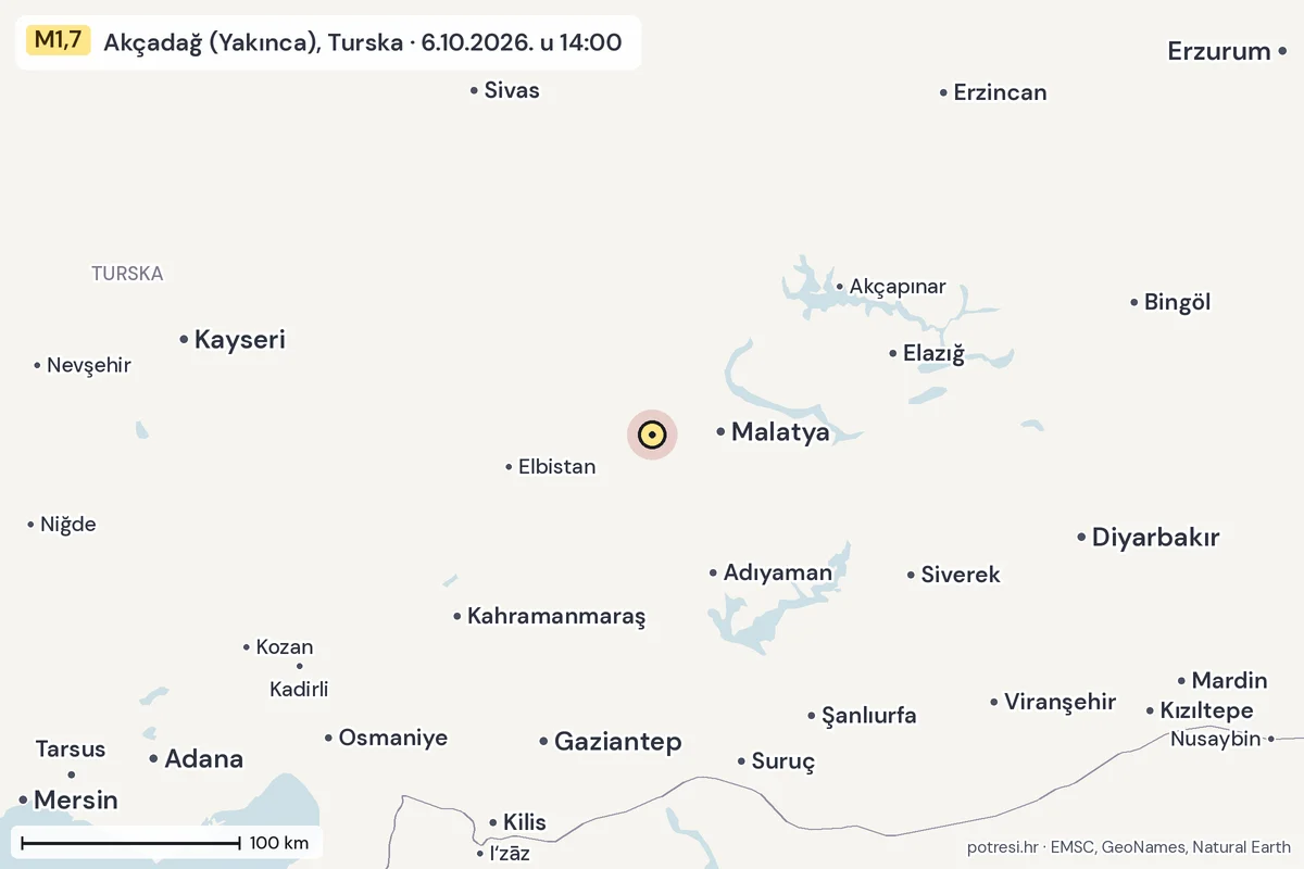 Karta: šire područje, 600 km, potres M1,7, Akçadağ (Yakınca), Turska, 6.10.2026.