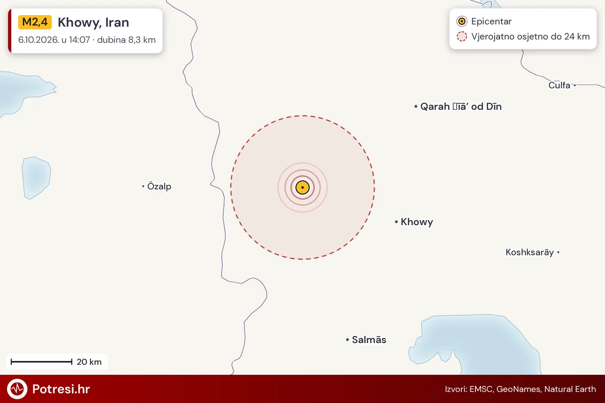 Karta: šire područje i vjerojatni doseg osjeta, potres M2,4, Khowy, Iran, 6.10.2026.