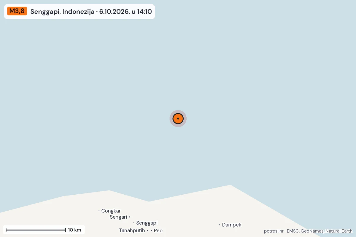 Karta: okolica epicentra, 60 km, potres M3,8, Senggapi, Indonezija, 6.10.2026.