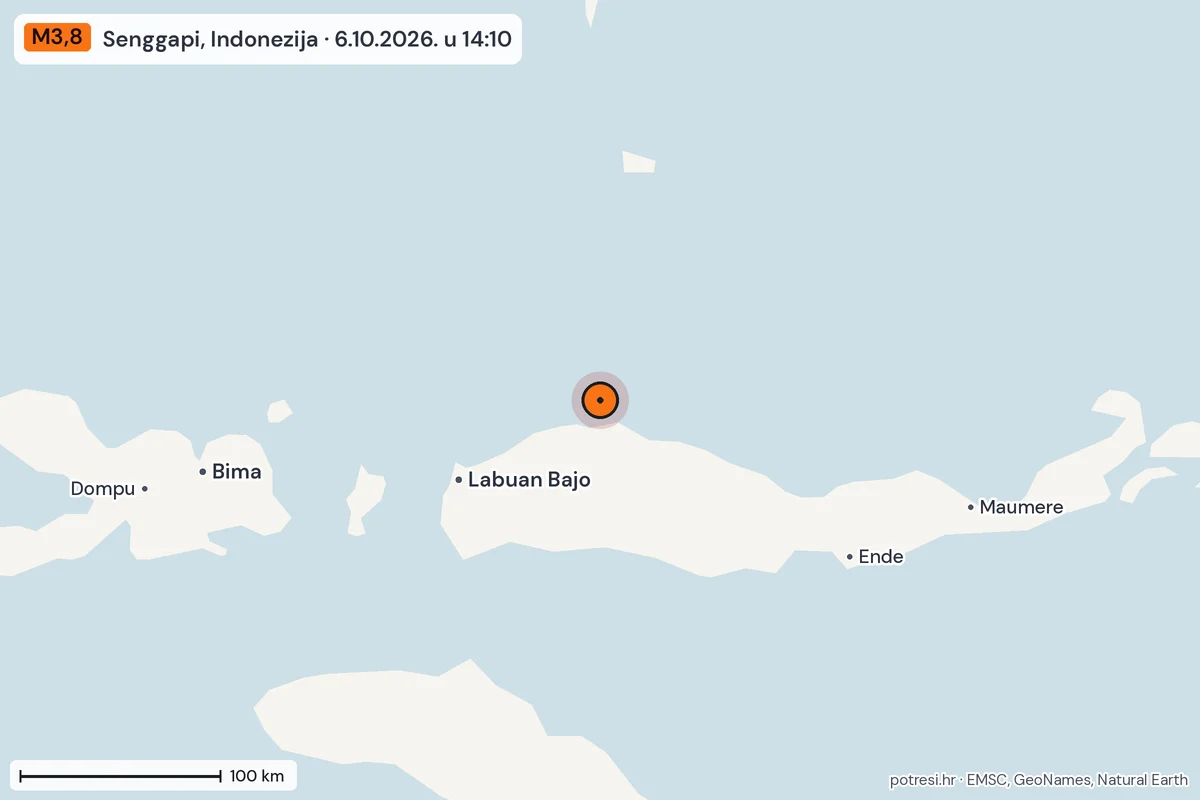 Karta: šire područje, 600 km, potres M3,8, Senggapi, Indonezija, 6.10.2026.