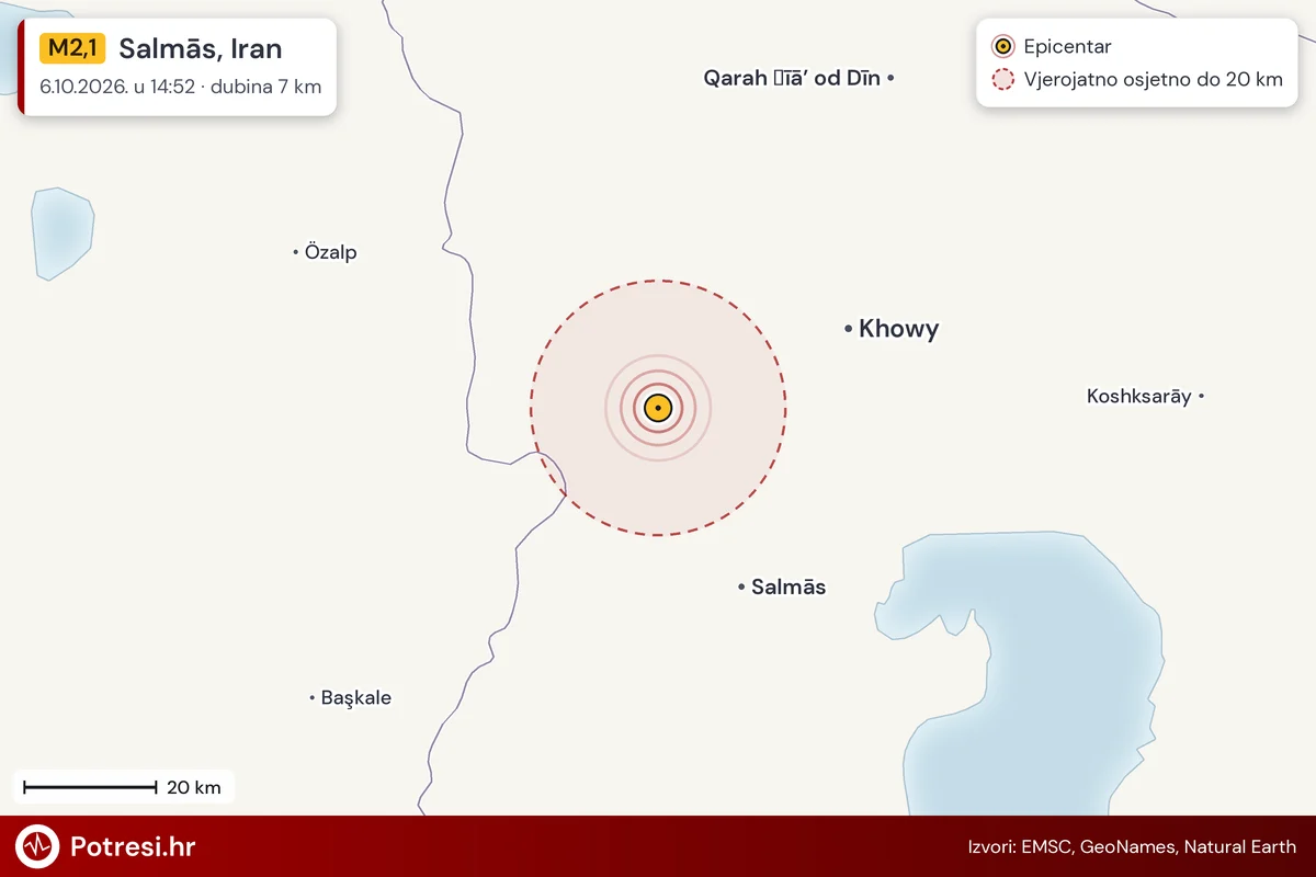 Karta: šire područje i vjerojatni doseg osjeta, potres M2,1, Salmās, Iran, 6.10.2026.