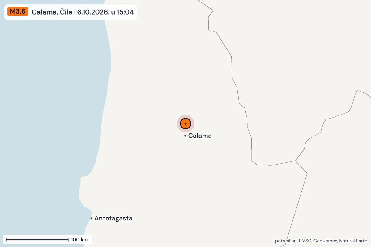 Karta: šire područje, 600 km, potres M3,6, Calama, Čile, 6.10.2026.