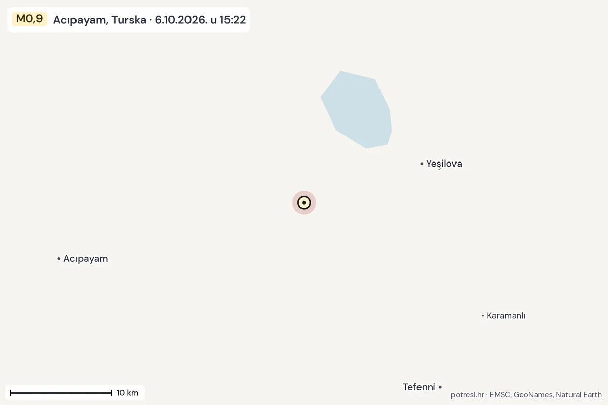 Karta: okolica epicentra, 60 km, potres M0,9, Acıpayam, Turska, 6.10.2026.