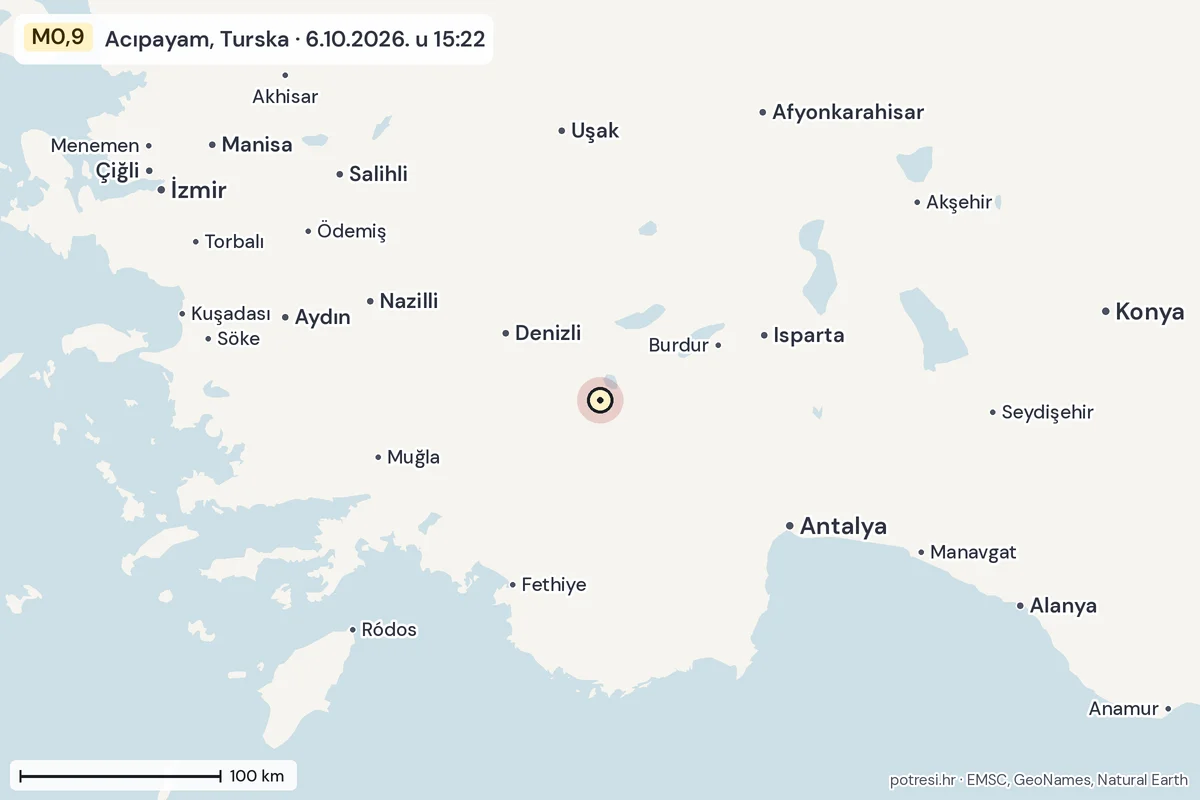 Karta: šire područje, 600 km, potres M0,9, Acıpayam, Turska, 6.10.2026.