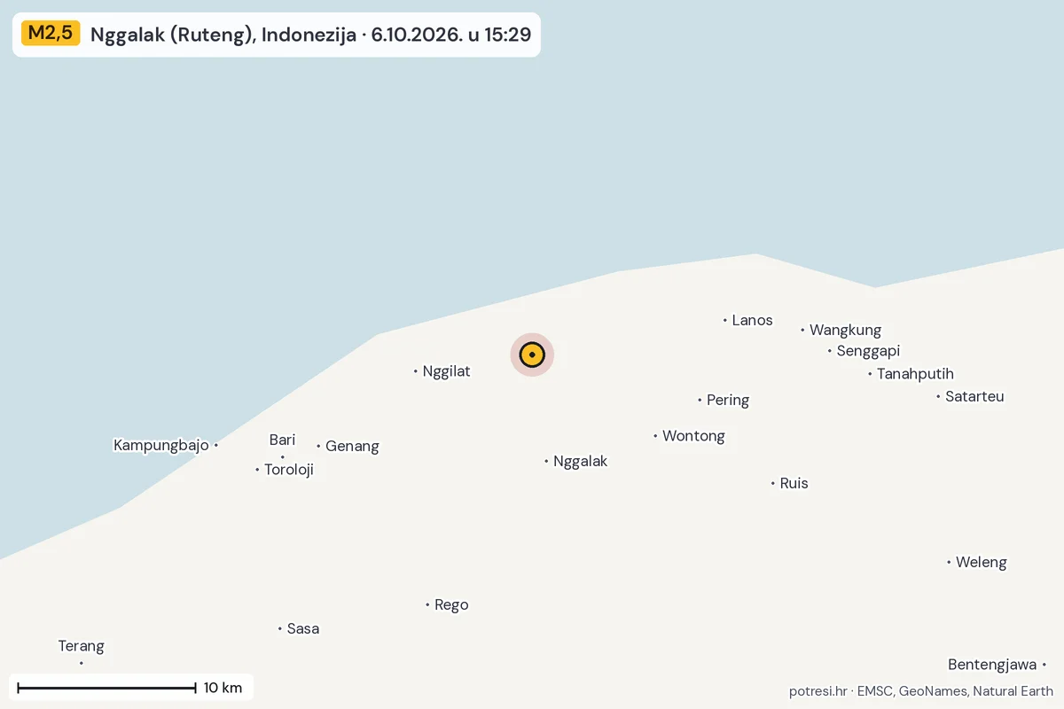 Karta: okolica epicentra, 60 km, potres M2,5, Nggalak (Ruteng), Indonezija, 6.10.2026.