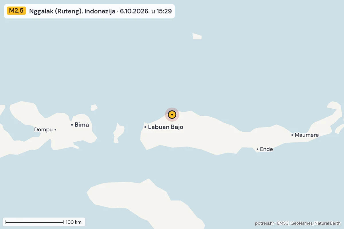 Karta: šire područje, 600 km, potres M2,5, Nggalak (Ruteng), Indonezija, 6.10.2026.