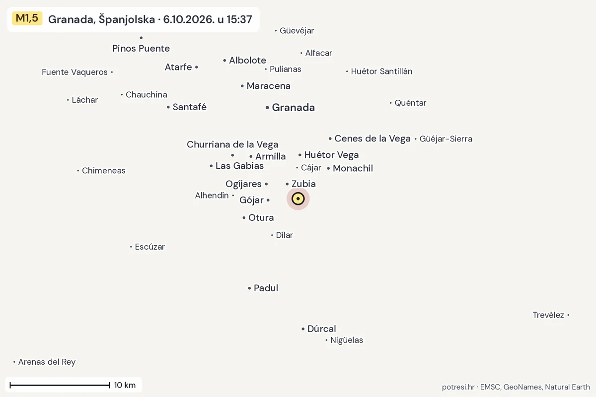 Karta: okolica epicentra, 60 km, potres M1,5, Granada, Španjolska, 6.10.2026.
