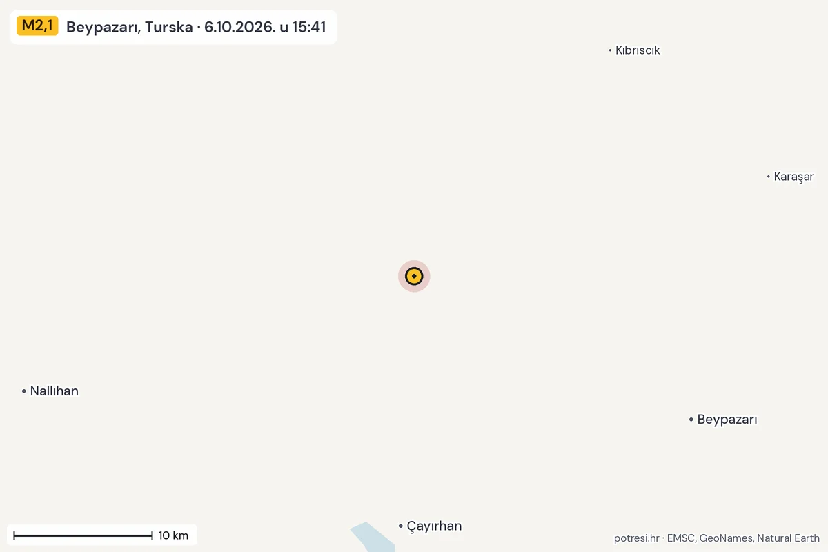 Karta: okolica epicentra, 60 km, potres M2,1, Beypazarı, Turska, 6.10.2026.