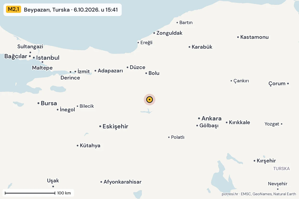 Karta: šire područje, 600 km, potres M2,1, Beypazarı, Turska, 6.10.2026.