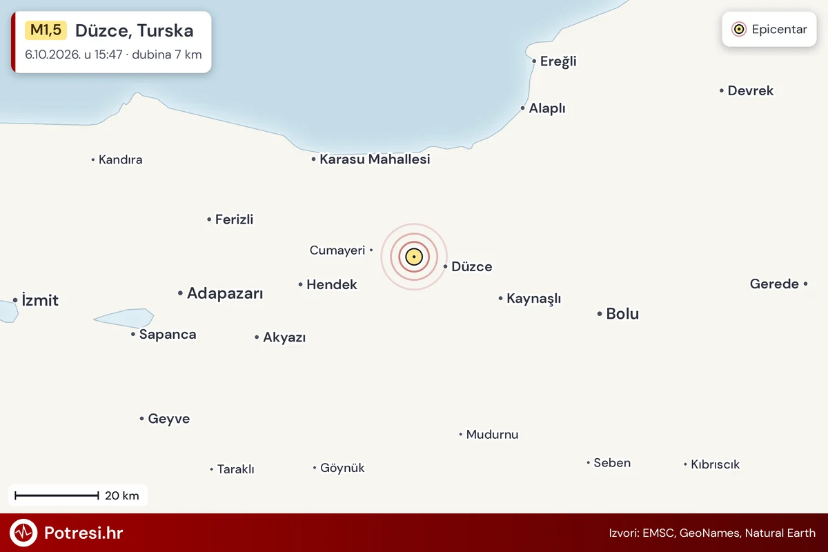 Karta: šire područje i vjerojatni doseg osjeta, potres M1,5, Düzce, Turska, 6.10.2026.