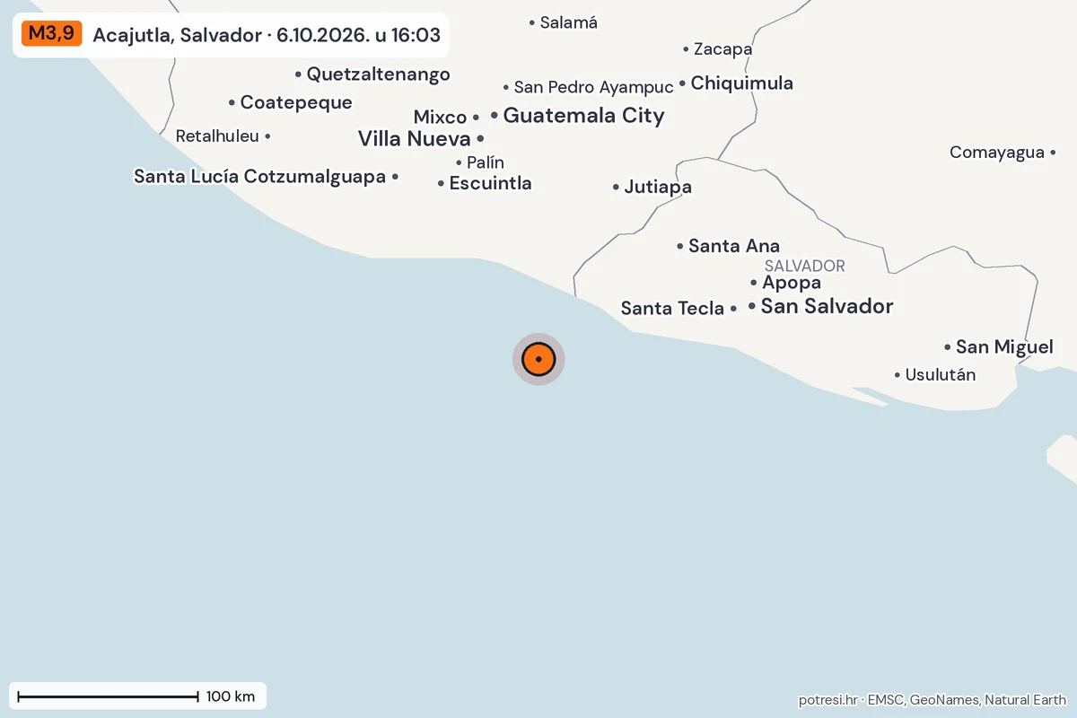 Karta: šire područje, 600 km, potres M3,9, Acajutla, Salvador, 6.10.2026.