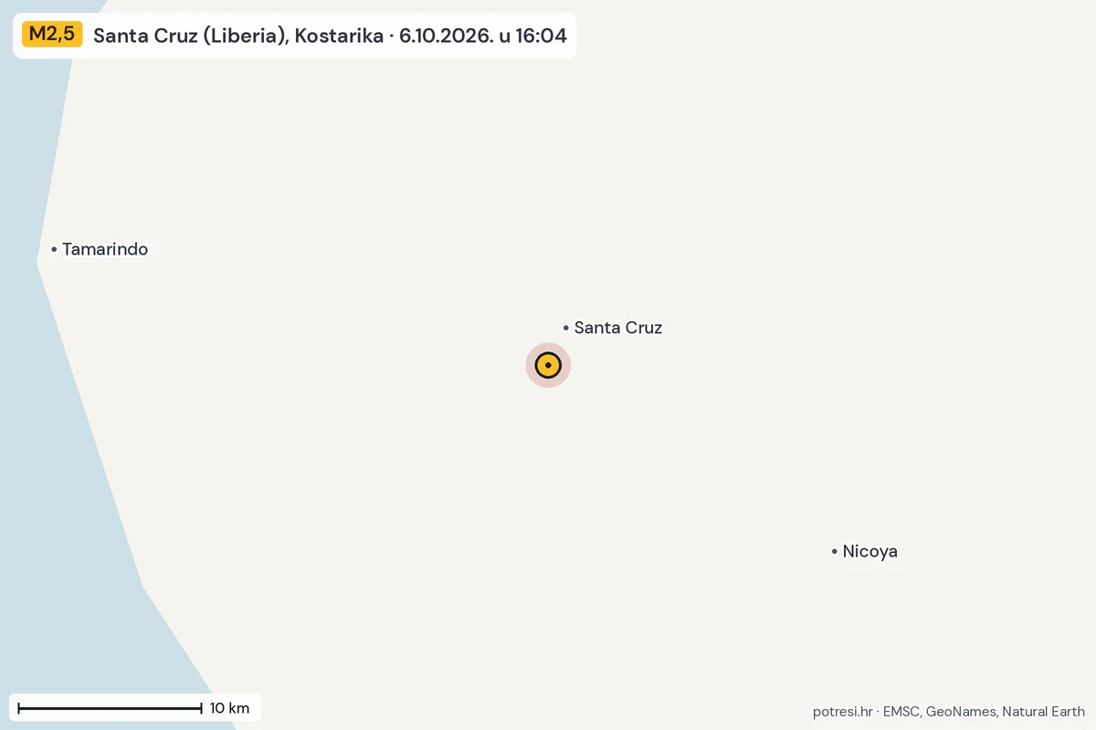 Karta: okolica epicentra, 60 km, potres M2,5, Santa Cruz (Liberia), Kostarika, 6.10.2026.