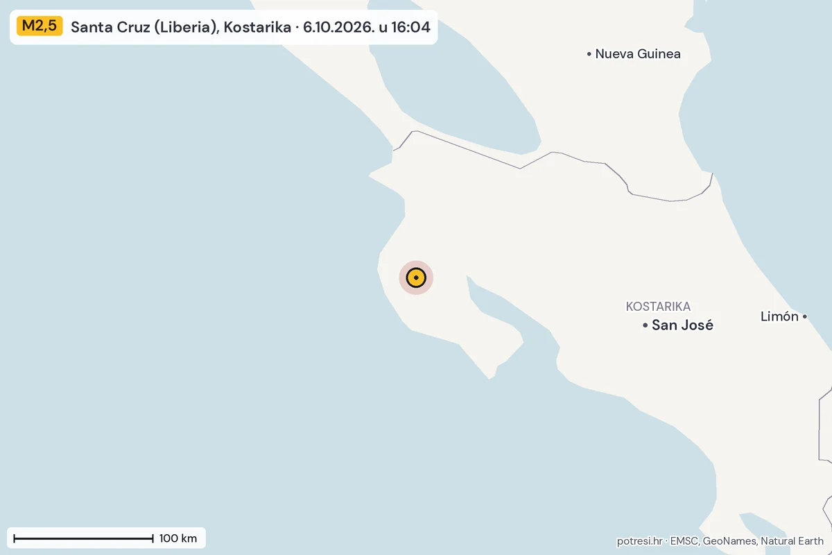 Karta: šire područje, 600 km, potres M2,5, Santa Cruz (Liberia), Kostarika, 6.10.2026.