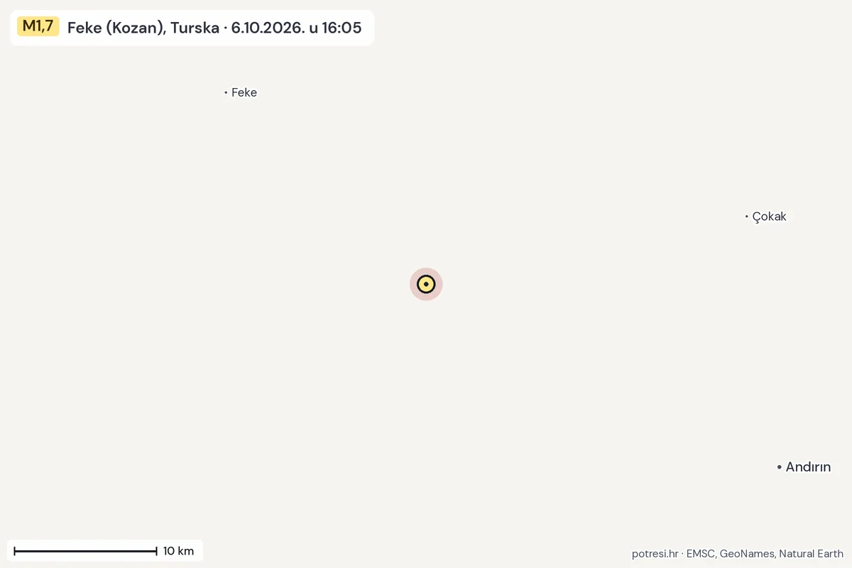 Karta: okolica epicentra, 60 km, potres M1,7, Feke (Kozan), Turska, 6.10.2026.
