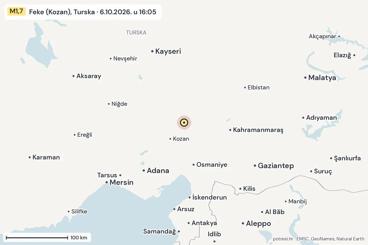 Karta: šire područje, 600 km, potres M1,7, Feke (Kozan), Turska, 6.10.2026.