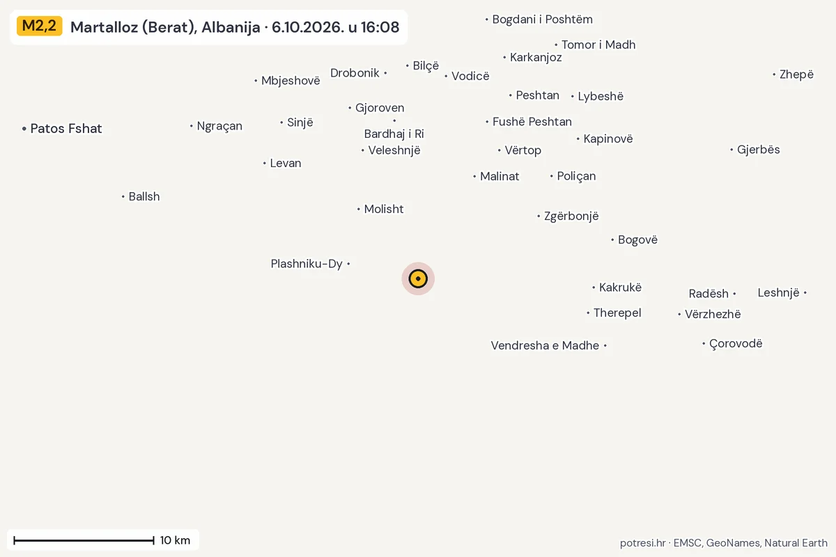 Karta: okolica epicentra, 60 km, potres M2,2, Martalloz (Berat), Albanija, 6.10.2026.