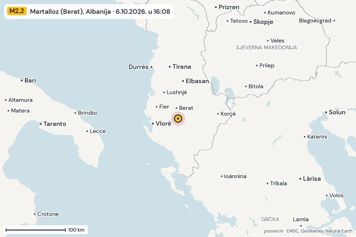 Karta: šire područje, 600 km, potres M2,2, Martalloz (Berat), Albanija, 6.10.2026.