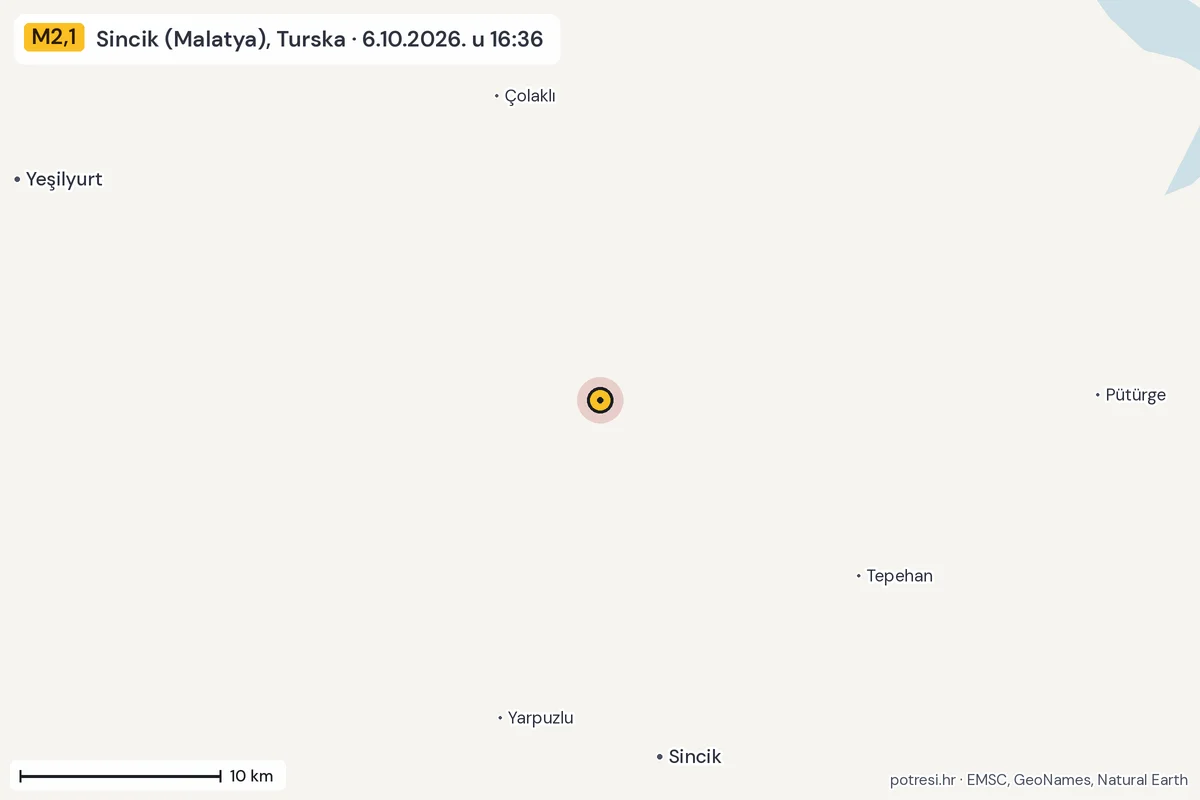 Karta: okolica epicentra, 60 km, potres M2,1, Sincik (Malatya), Turska, 6.10.2026.