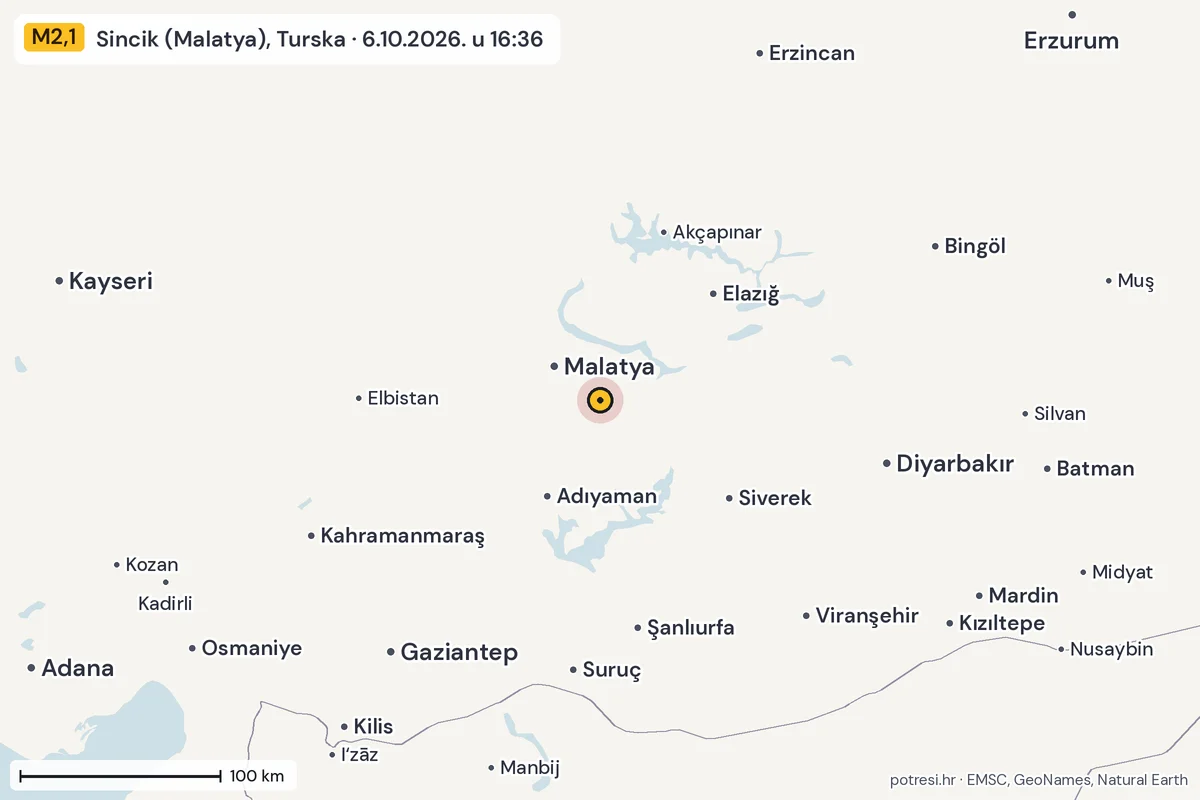 Karta: šire područje, 600 km, potres M2,1, Sincik (Malatya), Turska, 6.10.2026.