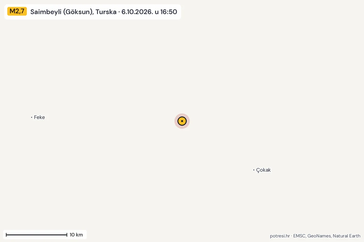 Karta: okolica epicentra, 60 km, potres M2,7, Saimbeyli (Göksun), Turska, 6.10.2026.