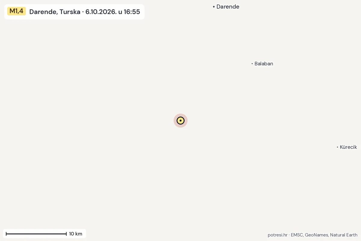 Karta: okolica epicentra, 60 km, potres M1,4, Darende, Turska, 6.10.2026.