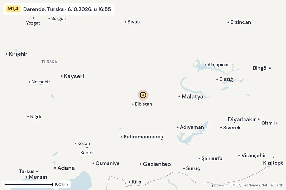Karta: šire područje, 600 km, potres M1,4, Darende, Turska, 6.10.2026.
