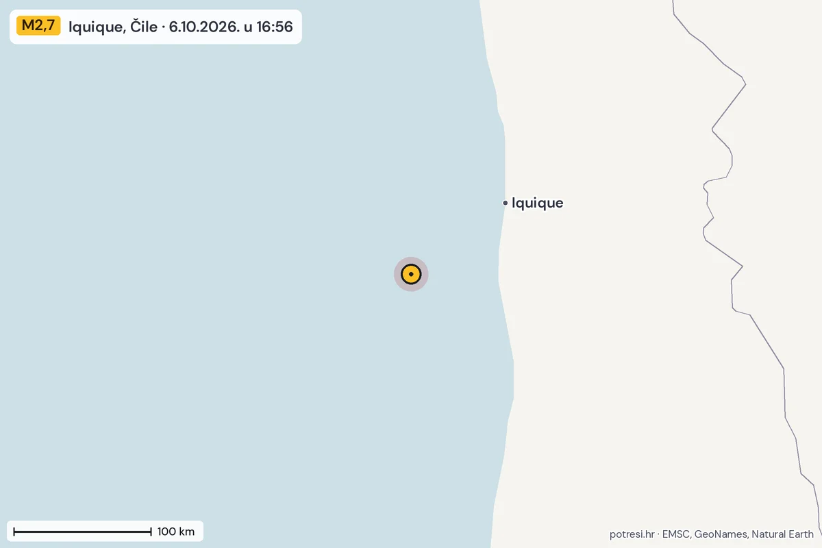 Karta: šire područje, 600 km, potres M2,7, Iquique, Čile, 6.10.2026.
